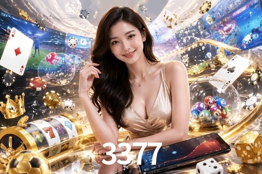 Una escena digital vívida inspirada en casino con 3377 mostrado prominentemente, luces brillantes, fichas, cartas y acentos dorados.