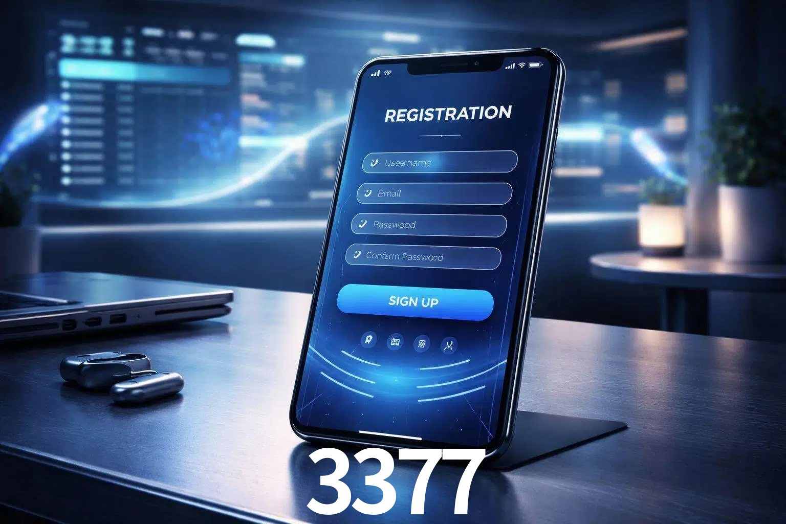 Una interfaz moderna de registro móvil para 3377 mostrada en un smartphone con un panel de apuestas elegante.